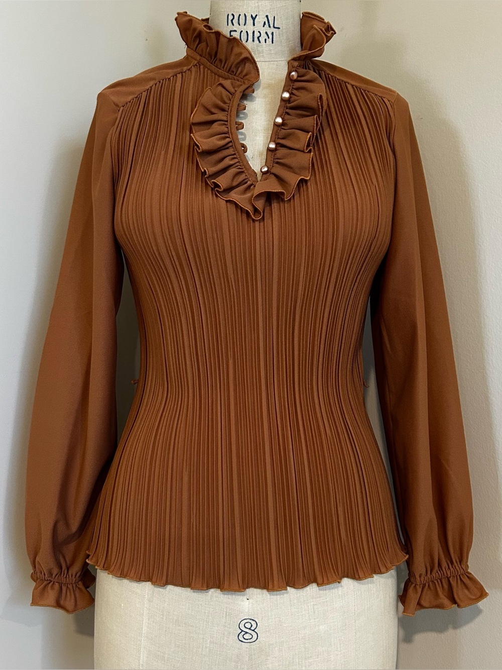 VTG 70s Ruffle Accordion Blouse Caramel Brown Romantic Union Made in USA Sz 8